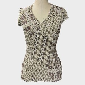Alison Sheri S Petite Brown Abstract Knit Top Mesh Wrap Boho Goblin Fairygrunge